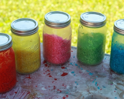 dyed rice in mason jars