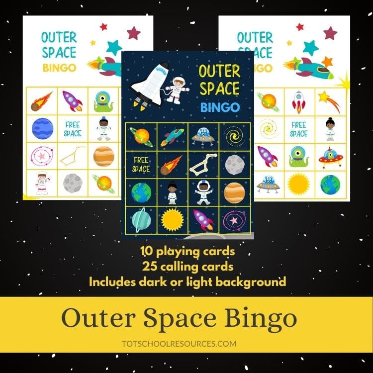 outer space bingo cards on black background