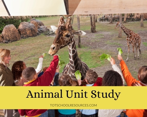 animal unit study text with picture of kids and giraffe