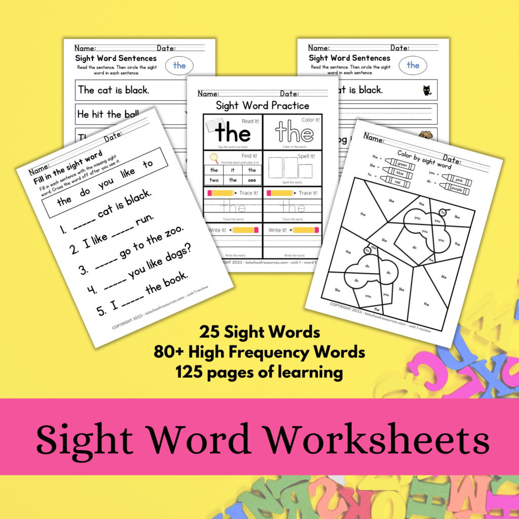 image of 5 worksheets on yellow background