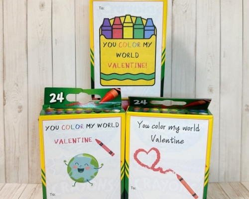 stack of crayon with printable valentines