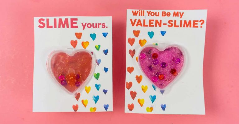 slime valentines with heart container of slime