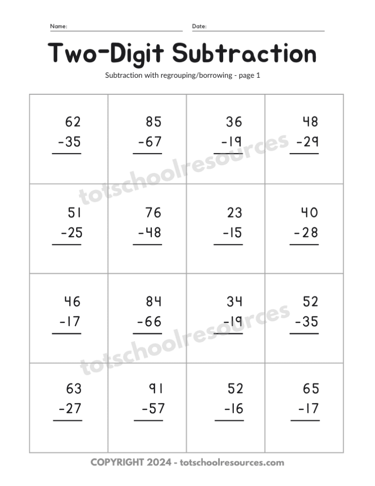 2-Digit Subtraction Worksheets {With & Without Regrouping ...