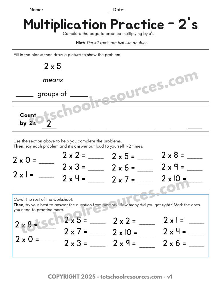 Multiplication Practice Worksheet - 2s