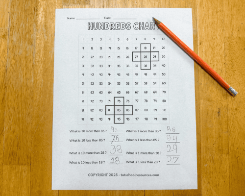 10 more-10 less-hundreds chart worksheet