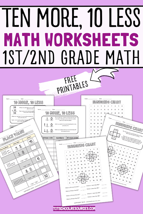 Collage of math worksheets on purple background